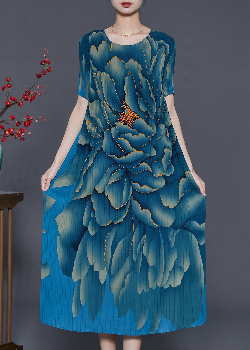 Modern Sea Blue Oversized Print Silk Pleated Dresses Summer