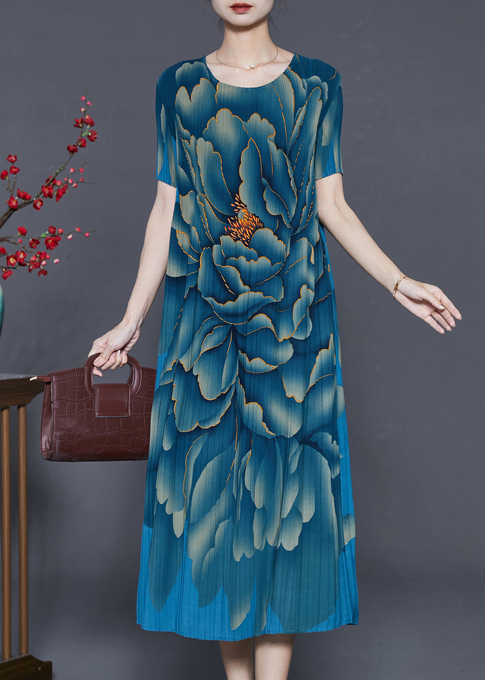 Modern Sea Blue Oversized Print Silk Pleated Dresses Summer