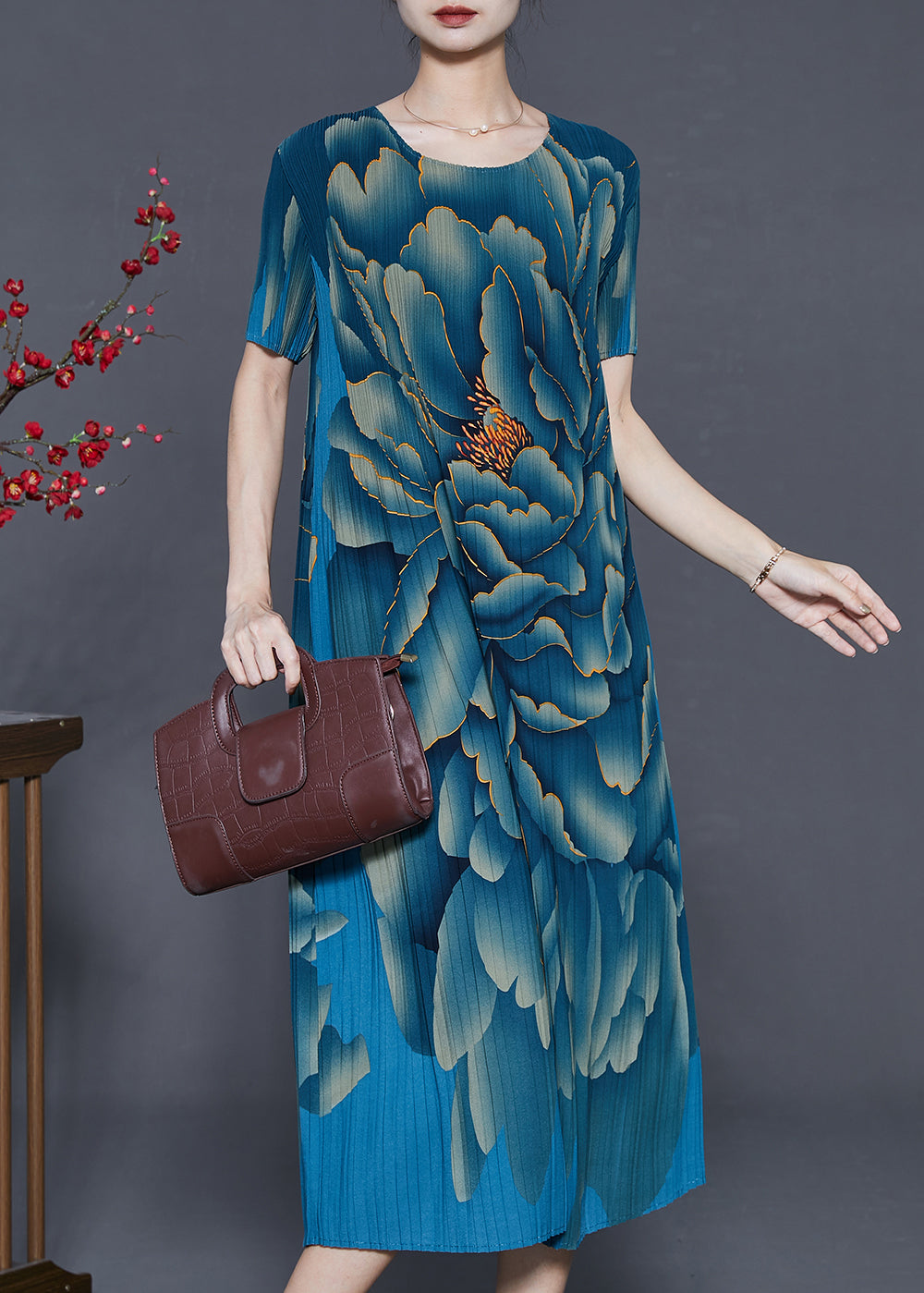 Modern Sea Blue Oversized Print Silk Pleated Dresses Summer