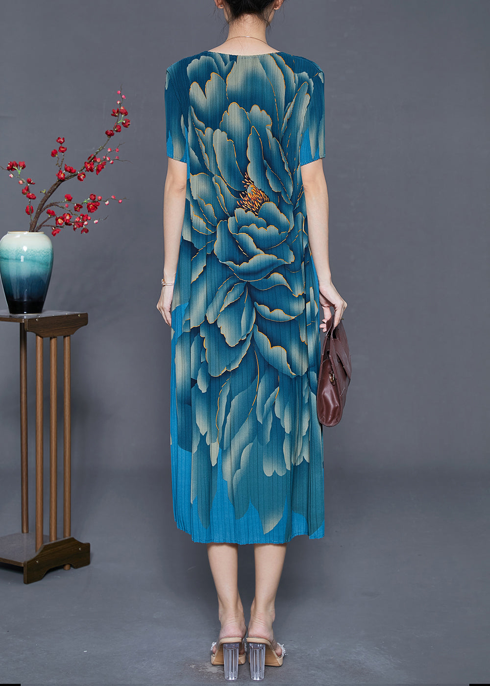 Modern Sea Blue Oversized Print Silk Pleated Dresses Summer