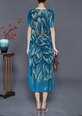 Modern Sea Blue Oversized Print Silk Pleated Dresses Summer