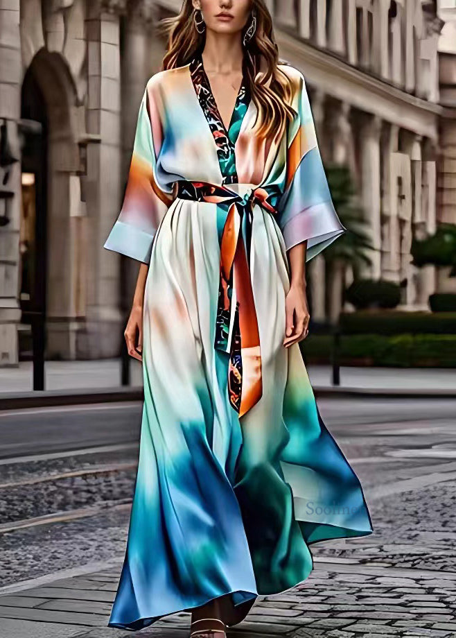 Modern V Neck Print Patchwork Silk Maxi Dresses Half Sleeve