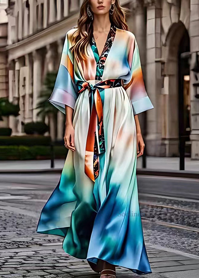 Modern V Neck Print Patchwork Silk Maxi Dresses Half Sleeve