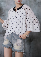 Modern White Print Draping Chiffon Shirt Top Lantern Sleeve