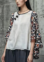 Modern White Print Patchwork Chinese Button Cotton Top Summer