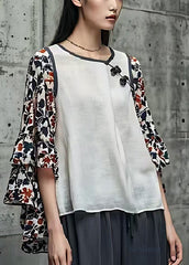 Modern White Print Patchwork Chinese Button Cotton Top Summer