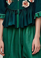 Natural Blackish Green Stand Collar Ruffled Floral Tops Summer