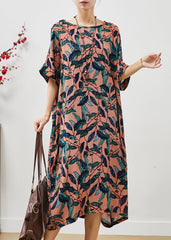 Natural Brown Oversized Print Linen Maxi Dress Summer