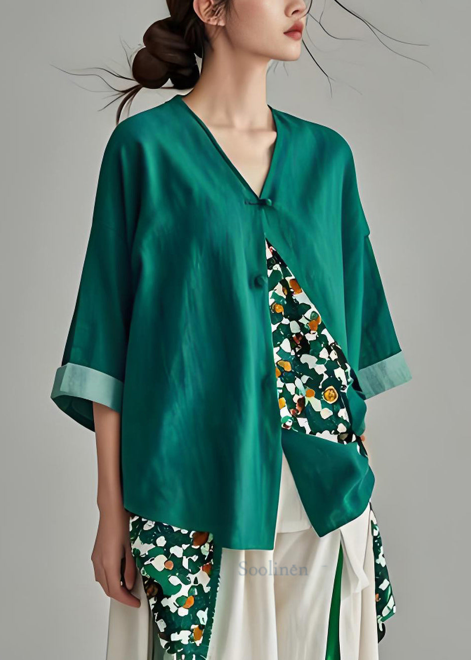 Natural Green V Neck Print Asymmetrical Cotton Top Summer