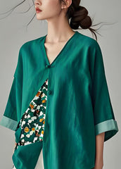 Natural Green V Neck Print Asymmetrical Cotton Top Summer