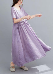 Natural Light Purple Flowers Pockets Short Sleeve Robe Cotton Linen Dresses