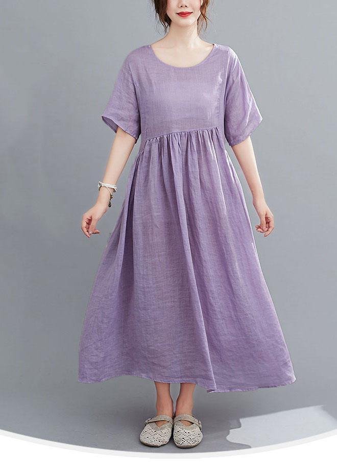 Natural Light Purple Flowers Pockets Short Sleeve Robe Cotton Linen Dresses