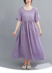 Natural Colorful Geometry Pockets Short Sleeve Robe Cotton Linen Dresses