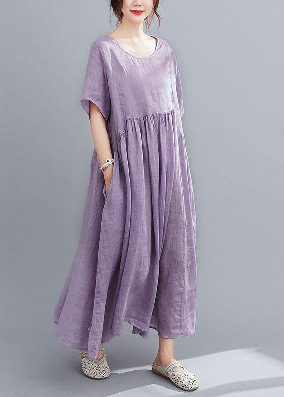 Natural Deep Purple Flowers Pockets Short Sleeve Robe Cotton Linen Dresses