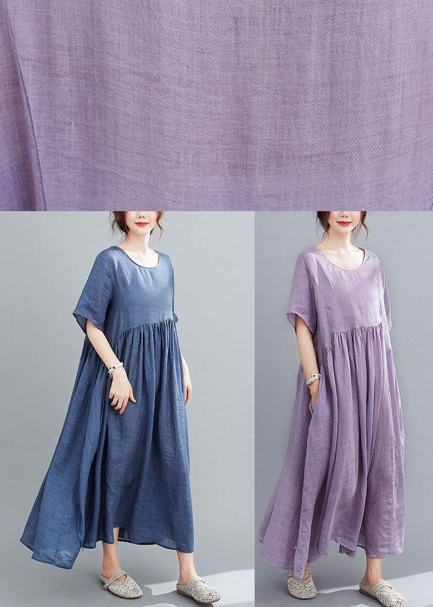 Natural Deep Purple Flowers Pockets Short Sleeve Robe Cotton Linen Dresses