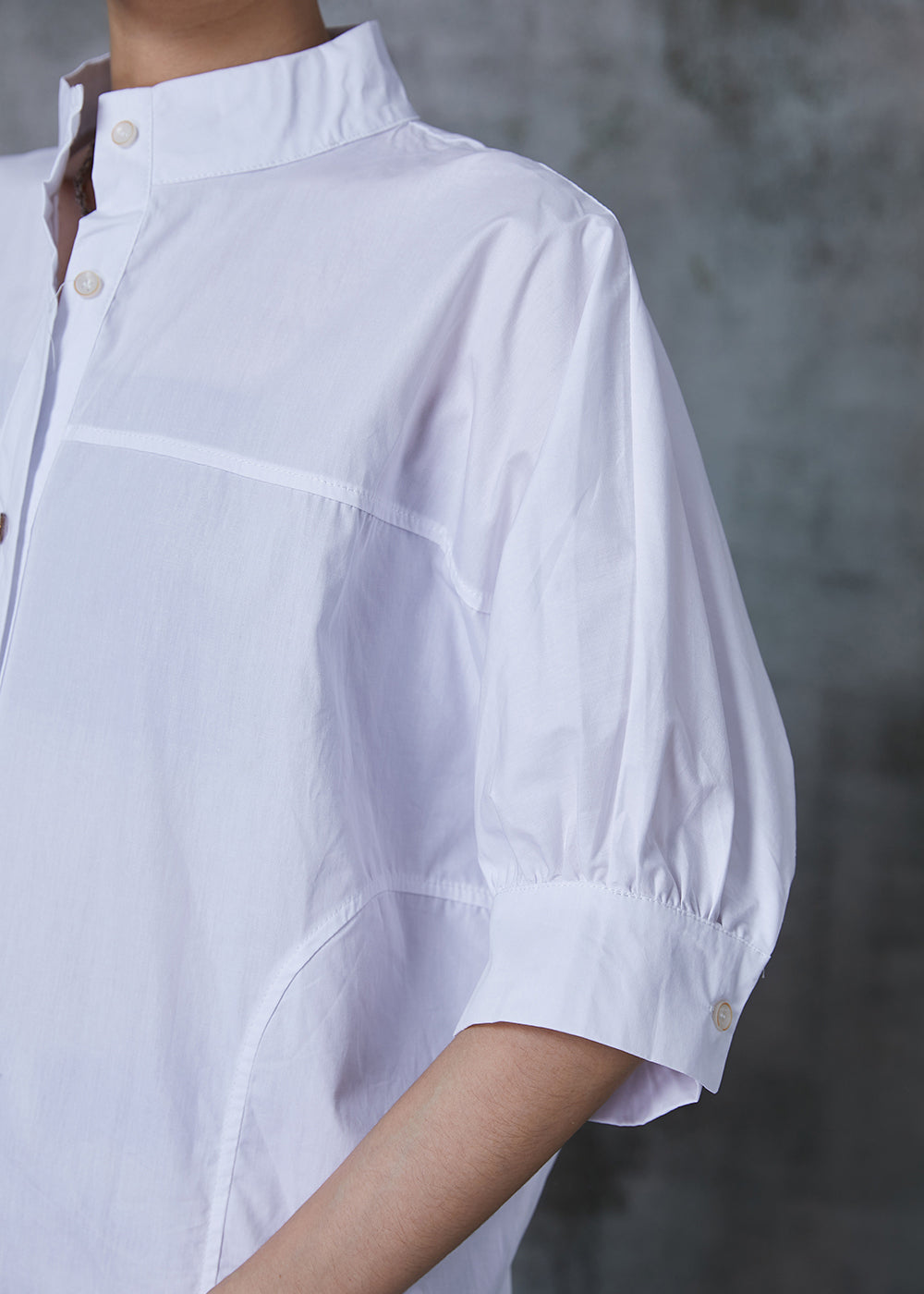 Natural White Stand Collar Puff Sleeve Cotton Shirt Top Summer