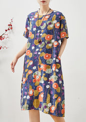 Navy Morning Glory Print Cotton Mid Dress Oversized Summer