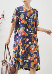 Navy Morning Glory Print Cotton Mid Dress Oversized Summer