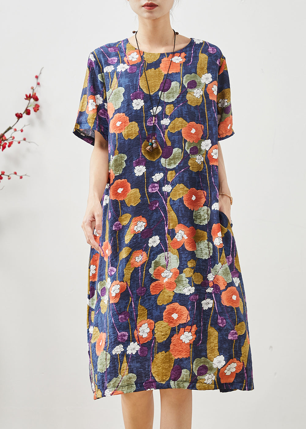 Navy Morning Glory Print Cotton Mid Dress Oversized Summer