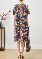 Navy Morning Glory Print Cotton Mid Dress Oversized Summer