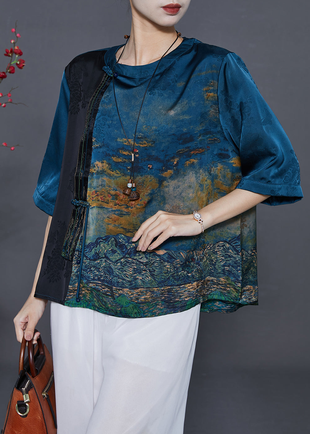 Navy Print Silk Oriental Shirt Tops Tasseled Summer