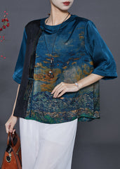 Navy Print Silk Oriental Shirt Tops Tasseled Summer