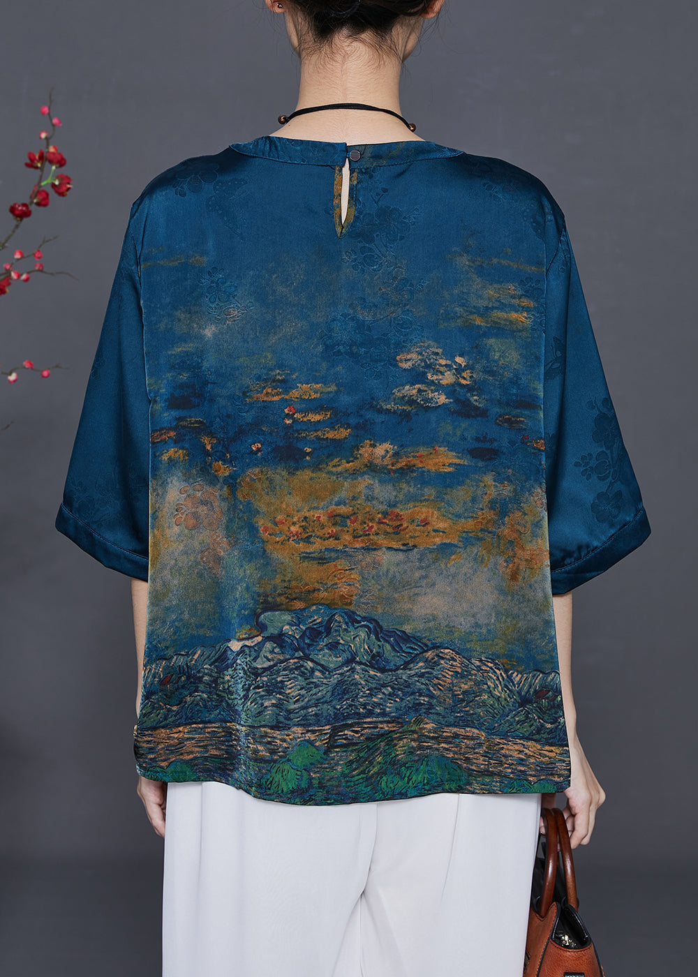 Navy Print Silk Oriental Shirt Tops Tasseled Summer