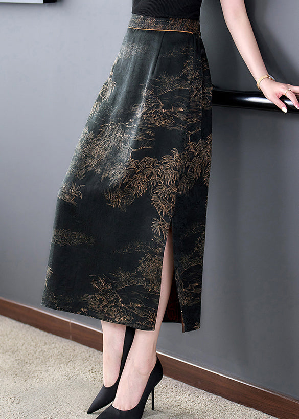 New Black Print Side Open Elastic Waist Silk Skirts Summer