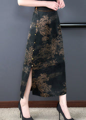 New Black Print Side Open Elastic Waist Silk Skirts Summer