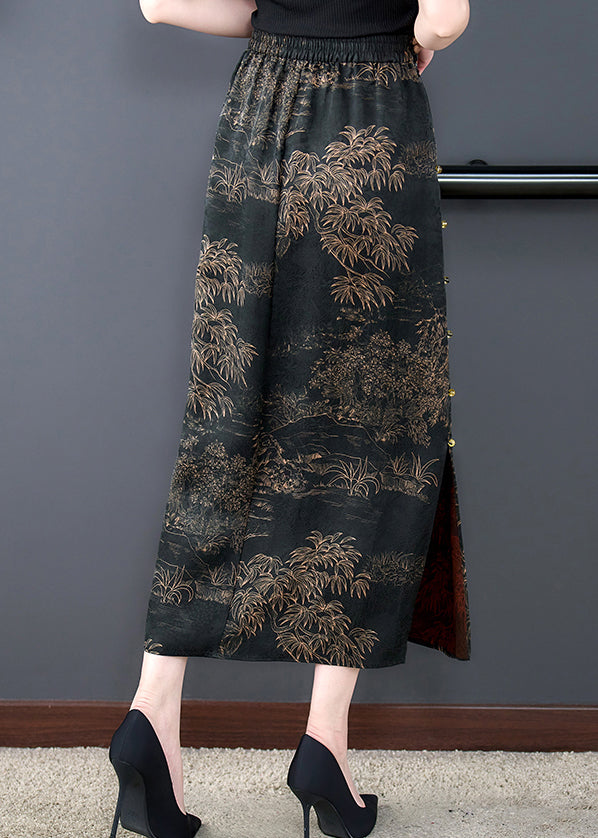 New Black Print Side Open Elastic Waist Silk Skirts Summer