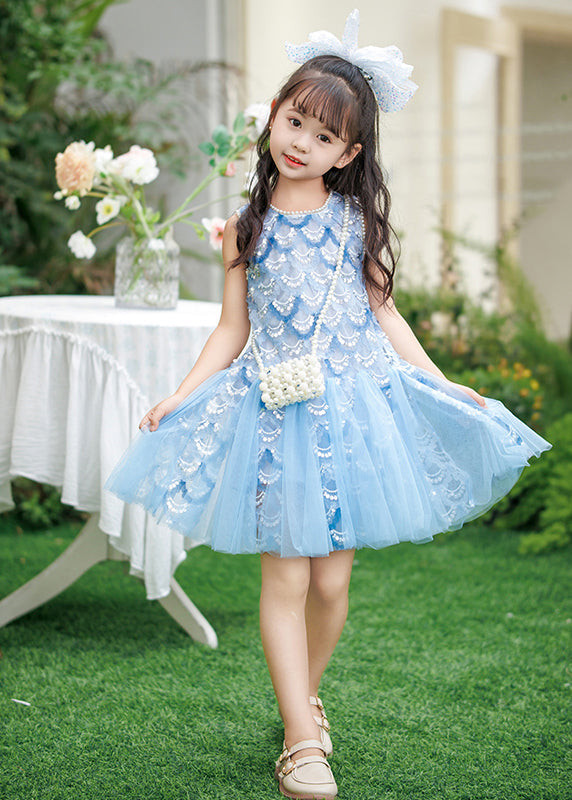 New Blue Nail Bead Tulle Girls Mid Dresses Summer