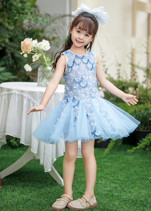 New Blue Nail Bead Tulle Girls Mid Dresses Summer