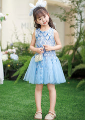 New Blue Nail Bead Tulle Girls Mid Dresses Summer