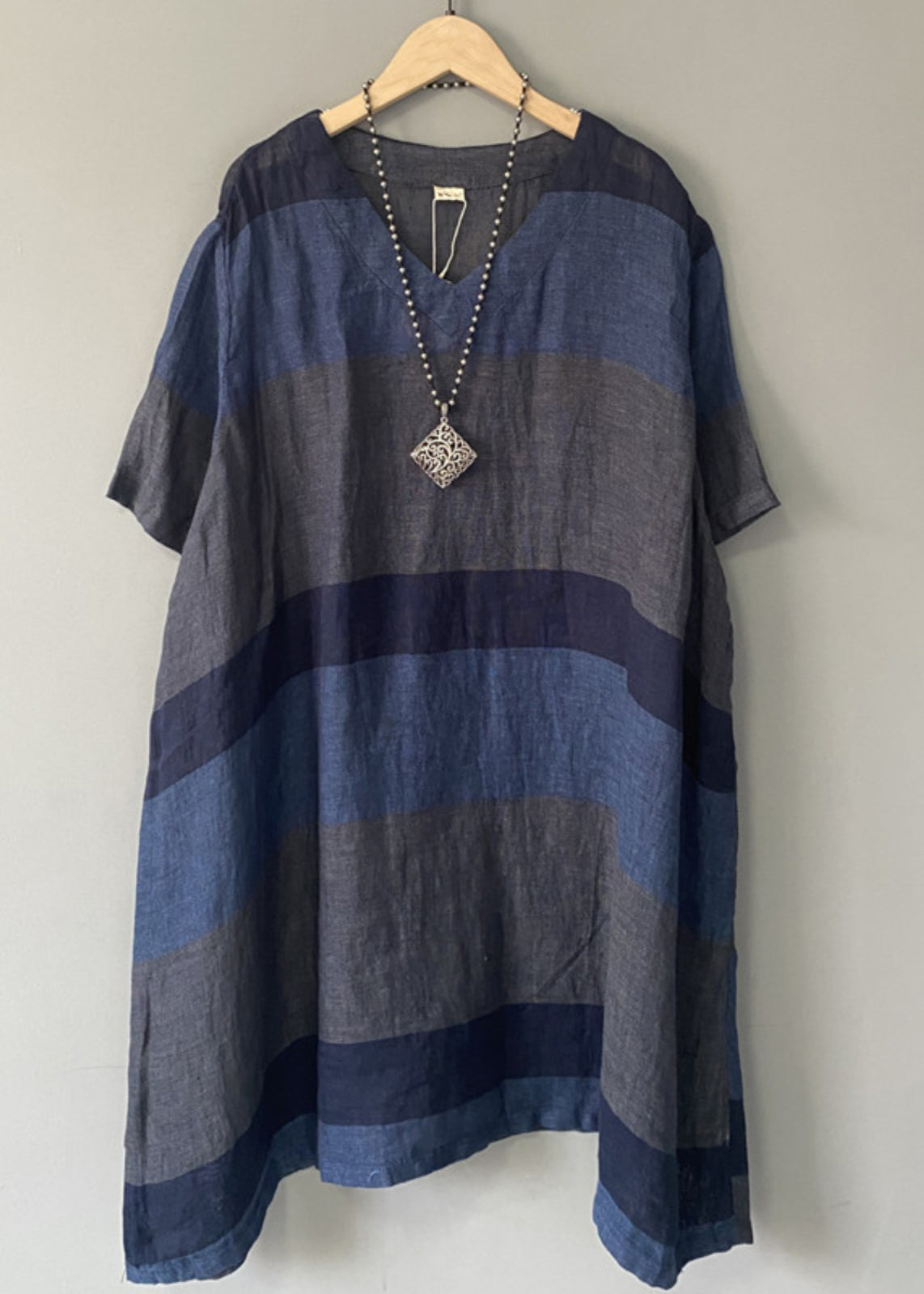 New Blue V Neck Patchwork Linen Dress Summer