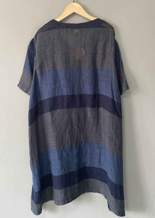 New Blue V Neck Patchwork Linen Dress Summer