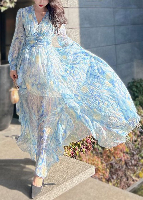 New Blue V Neck Print Chiffon Long Dresses Long Sleeve