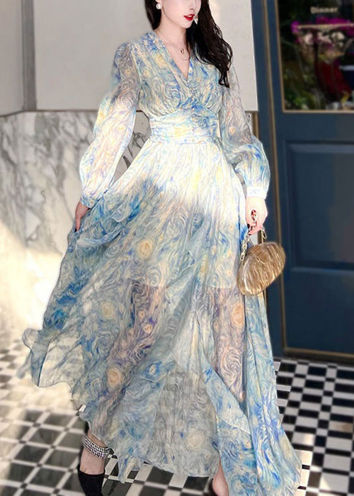 New Blue V Neck Print Chiffon Long Dresses Long Sleeve