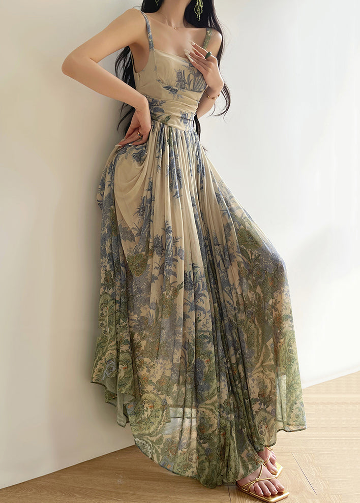 New Blue Wrinkled Print Tulle Spaghetti Strap Dress Sleeveless