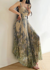 New Blue Wrinkled Print Tulle Spaghetti Strap Dress Sleeveless