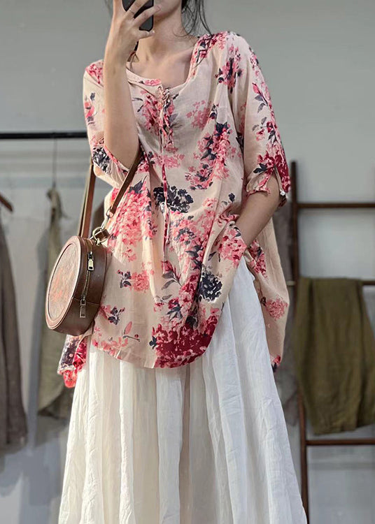 New Loose Pink Print Lace Up Linen Shirts Top Summer