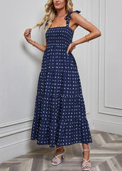 New Navy Lace Up Dot Cotton Spaghetti Strap Dress Sleeveless