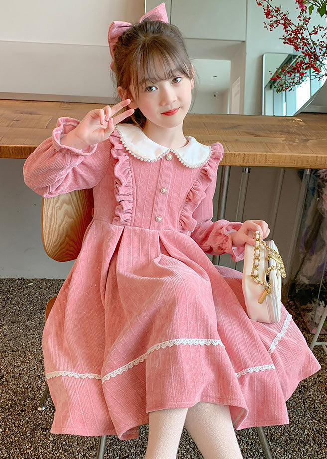 New Pink O-Neck Ruffled Patchwork Kids Long Dresses Fall