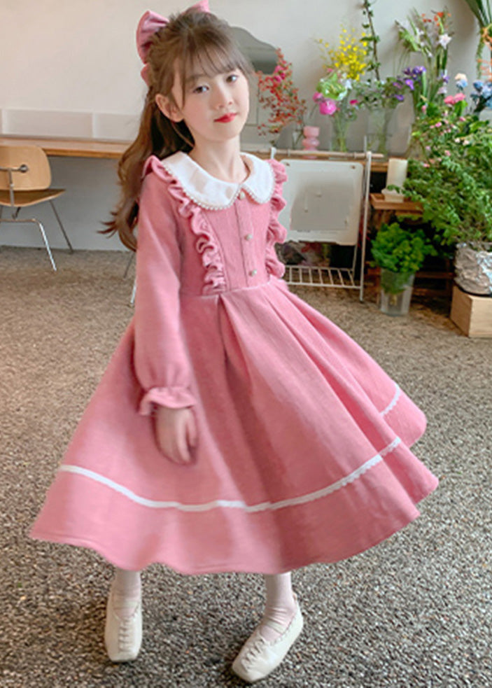 New Pink O-Neck Ruffled Patchwork Kids Long Dresses Fall