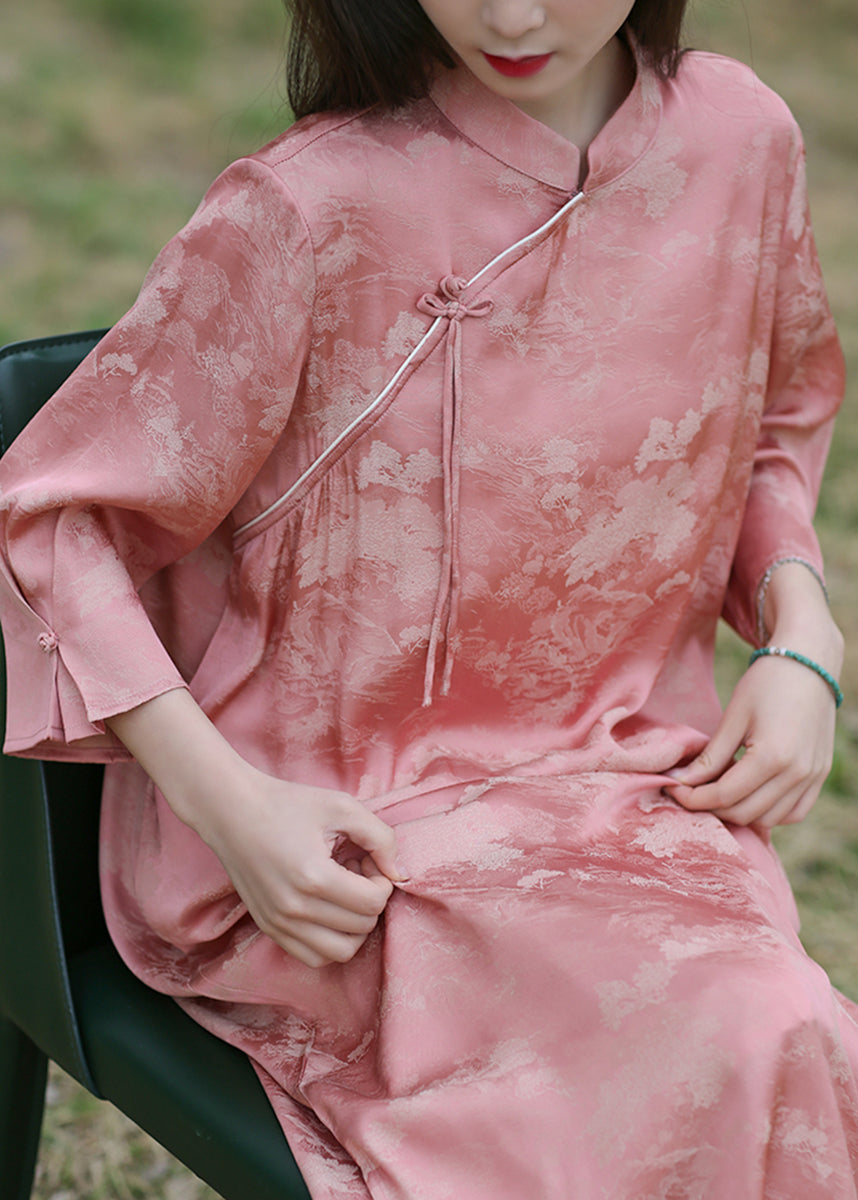 New Pink Stand Collar Chinese Button Silk Cotton Long Dress Bracelet Sleeve