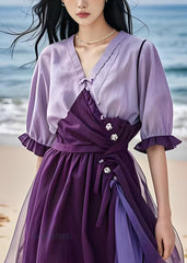 New Purple Cinched Tulle Patchwork Cotton Dress Summer