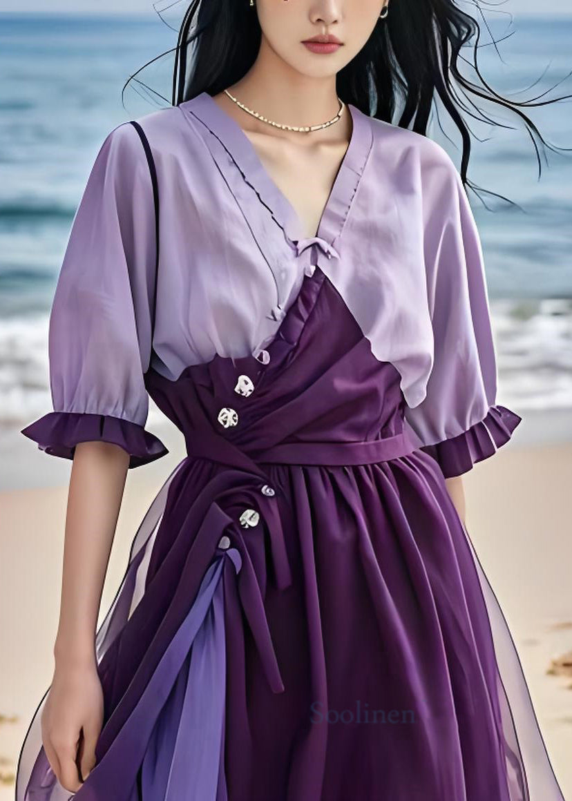 New Purple Cinched Tulle Patchwork Cotton Dress Summer