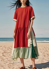 New Red Asymmetrical Design Patchwork Cotton Dresses Summer