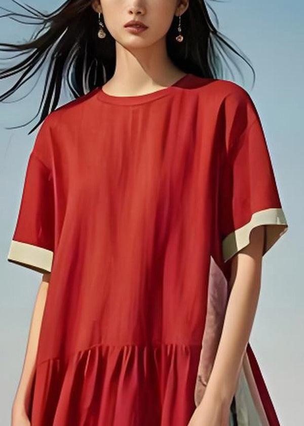 New Red Asymmetrical Design Patchwork Cotton Dresses Summer