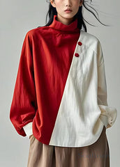 New Red Turtleneck Asymmetrical Cotton Tops Long Sleeve