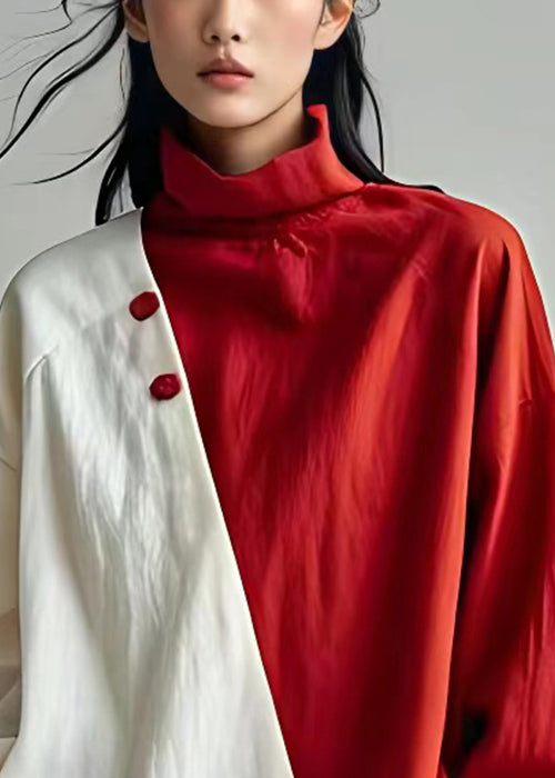 New Red Turtleneck Asymmetrical Cotton Tops Long Sleeve